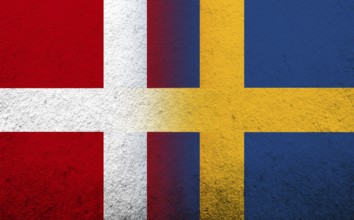 The Kingdom of Denmark National flag with The Kingdom of Sweden national flag. Grunge Background