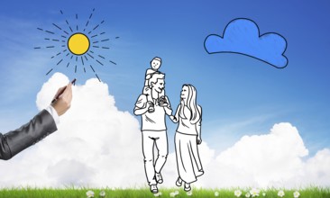 Hand drawn happy family in casual clothes with child