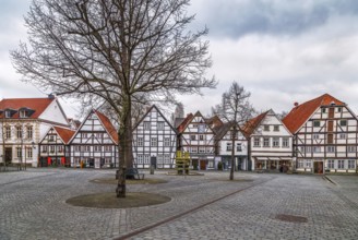 Market square with decorative half-timbered houses in Soest, Germany