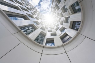 View upwards, along the façade of a high-rise building in Berlin