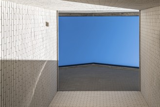 Detail of modern architecture brick facade. Courtyard