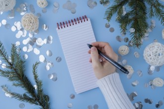Woman writing letter to SANTA or promises and aims. Empty notebook Preparation for new year.