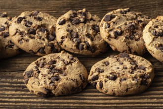 Chocolate chip cookies on wooden table