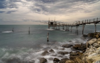 Long exposure view of the Trabocco Turchino fishing machine and hut on the Abruzzo coast in Italy