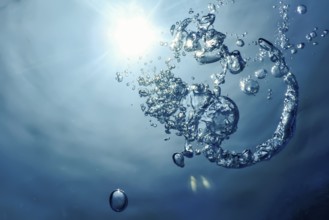 Underwater Air Bubbles with Sunlight. Underwater Background Air Bubbles