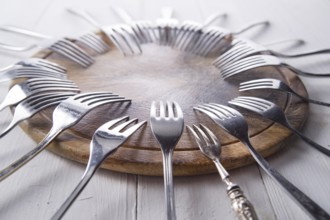 Sets of forks different shapes arranged on chopping round