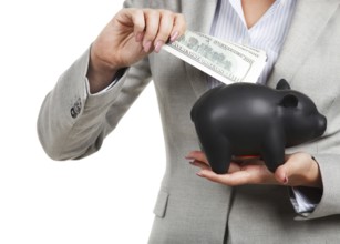 Businesswoman holding the piggy bank and dollar bills in her hands