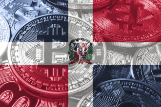 Dominican Republic bitcoin flag, national flag cryptocurrency concept black background