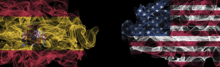 Flags of Spain and USA on Black background, Spain vs USA Smoke Flags