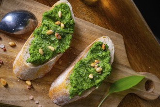 Rustic wild garlic pesto baguette