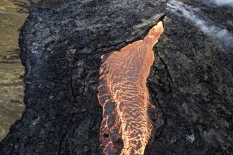 Drone image of glowing lava in Grindavik, Sudurnes, Iceland