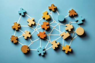 Social networking. Wooden shapes on a blue background, 3d geometric shapes