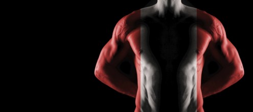 Peru flag on muscled male torso with abs, black background