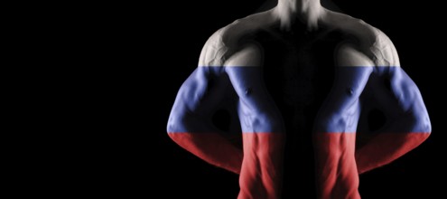 Russia flag on muscled male torso with abs, black background