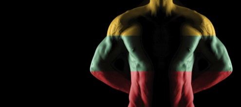 Lithuania flag on muscled male torso with abs, black background