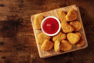 Chicken nuggets with ketchup on a rustic wooden table, shot from the top with a place for text.