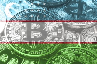 Uzbekistan bitcoin flag, national flag cryptocurrency concept black background