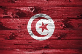 Tunisia flag on wooden planks background wood flag