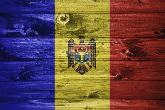 Moldova flag on wooden planks background wood flag