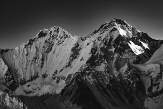 Snow mountains of Himalayas in Nepal (black and white)