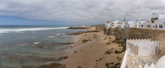Scenic view of picturesque city center of Asilah, seen from the Marabout of Sidi Ahmad Mansour,