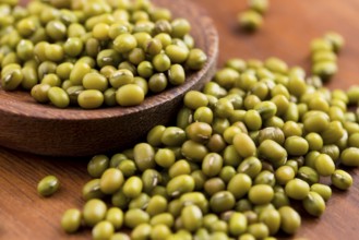 Mung beans over wooden spoon, lodz, poland