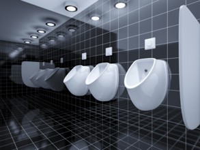 3d rendering of a public toilet with three urinals