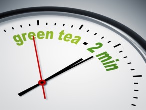 An image of a nice clock with green tea - 2 min