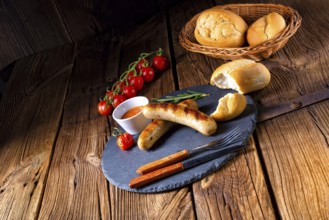 Rustic bratwurst with ketchup and fresh rolls