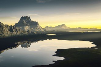 Beautiful fantasy landscape sunset scenery 3D illustration