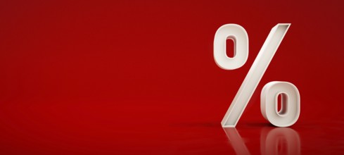White percentage sign on red background. 3D illustration