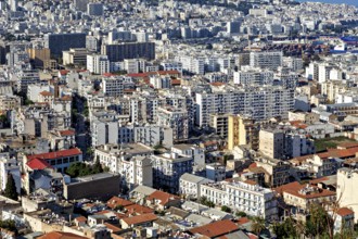Panoramic view of a dense cluster of white and grey buildings in an urban environment, view of the
