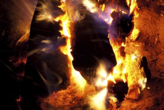 Burning logs in a camp fire at night