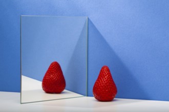 A fresh and tasty strawberry reflected in the mirror on the blue background. Fresh strawberry in