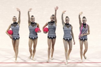Sofia, Bulgaria - 6 May, 2017: Team Bulgaria performs during Rhythmic Gymnastics World Cup Sofia