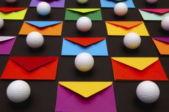 Composition with colored envelopes and golf balls on the table. The photo suitable for various