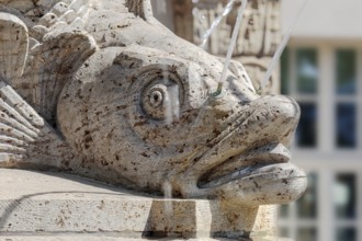 The Villersbrunnen fountain on Tröndlinring in Leipzig, close-up of a fish head in the centre of