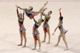 Sofia, Bulgaria - 1 April, 2018: Team Italy performs with balls and ropes during Rhythmic