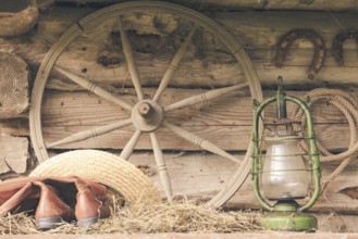 Rural retro still life. Table near the granary