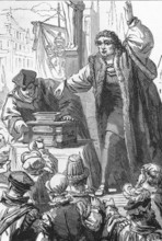 Line drawing of Tetzel selling indulgenses, the incident that prompted Martin Luther to challenge