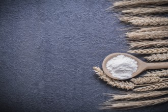 Wooden spoon flour wheat rye ears horizontal version