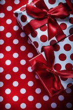 Christmas presents on polka-dot red textile holidays concept