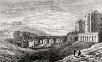 The old North Bridge, from the west, with Calton Hill in the background, in 1829, Edinburgh,