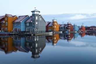 Colorful buildings on water at Reitdiephaven in Groningen, Netherlands