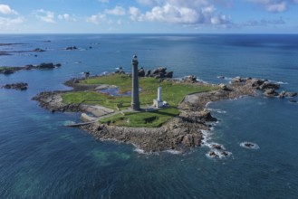 Aerial view island Ile Vierge with lighthouses Phare de l'Ile Vierge, old lighthouse from 1845 and