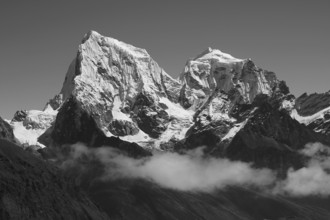 Black and white image of Cholatse and Taboche in autumn, Nepal