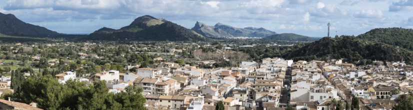 Pollenca, Spain, 12 28 2017: Extra large panoramic view over the village and mountains