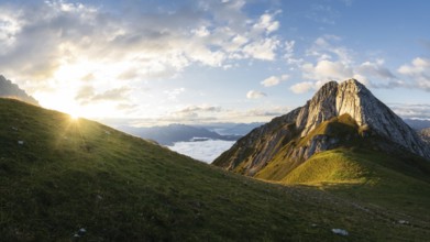 Mountain Predigstein in the Mountain range Wetterstein range in Tyrol Austria at sunrise. panorama