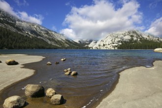 Flat coast of shallow lake in mountains of national park Yosemite