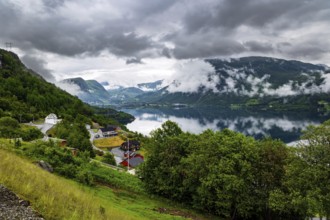 Beginning of the Hardangerfjord. Scenic road in the mountains of Western Norway. Scandinavia.